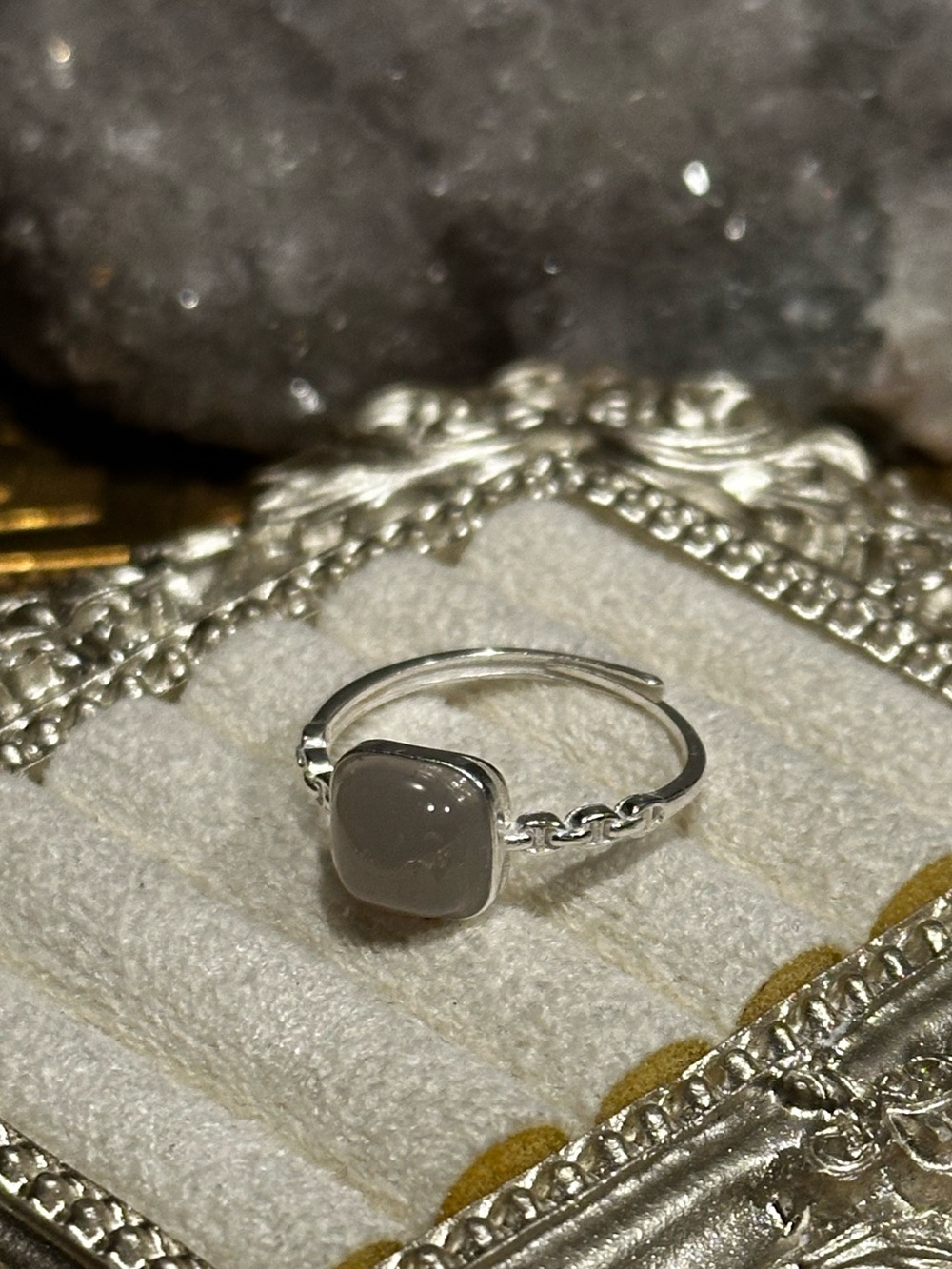 Midnight Jade Sterling Silver Link Ring S925 Adjustable Size 6–9